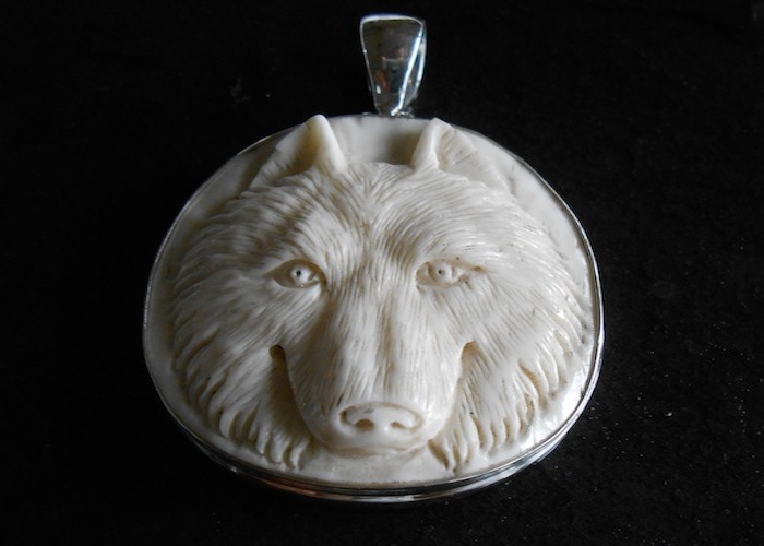 Wolf Pendant-wolf pendant, bone carving hand carved pendant, silver pendant